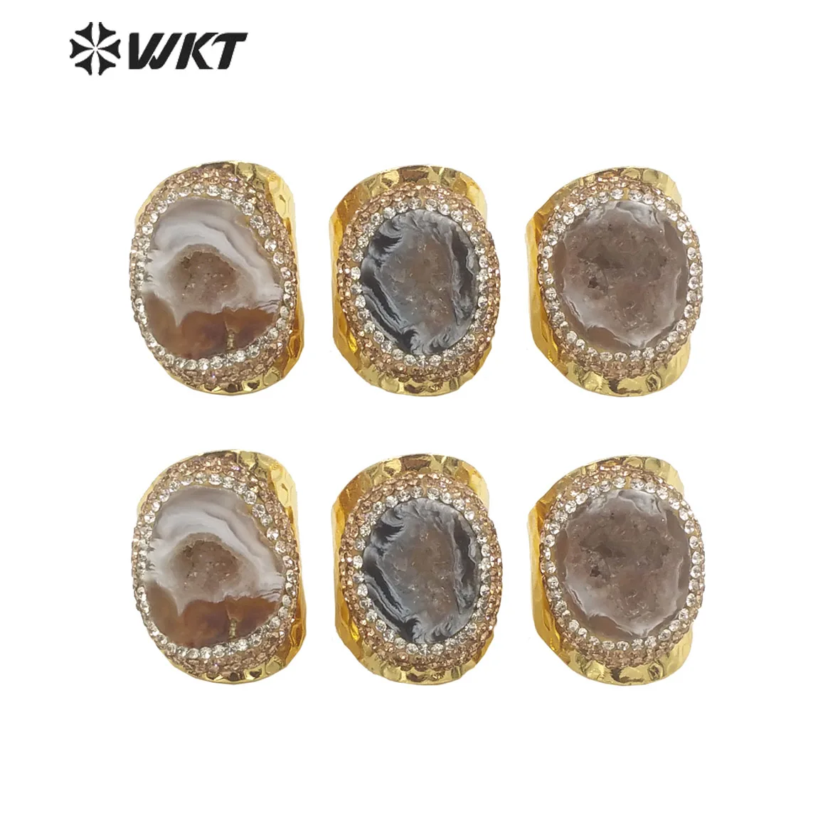 WT-R446 Amazing 18k Gold Plated Resist Tarnishable Natural Geode Agate Ring Women Wide Band Stone Cocktail Party Decorated