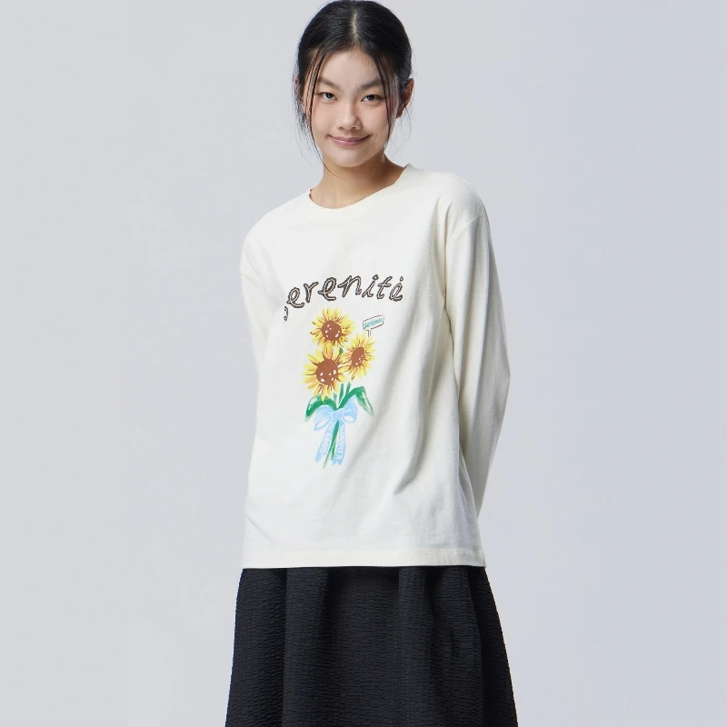 

Футболка с длинными рукавами и круглым вырезом Spring Vibes, свободного кроя, с принтом подсолнухов, в стиле Benetton, из хлопка, с подплечниками