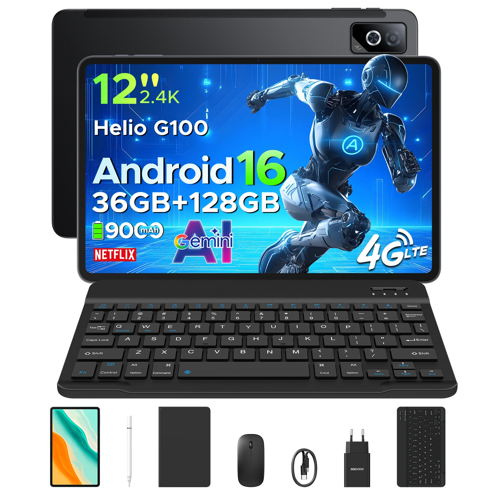 DOOGEE Tab G6 Pro Android 16 2-in-1 tablet-pc 12 inch 2.4K 36GB RAM (8+28) 128GB ROM Gemini AI 9000mAh batterij Helio G100 AI tablet