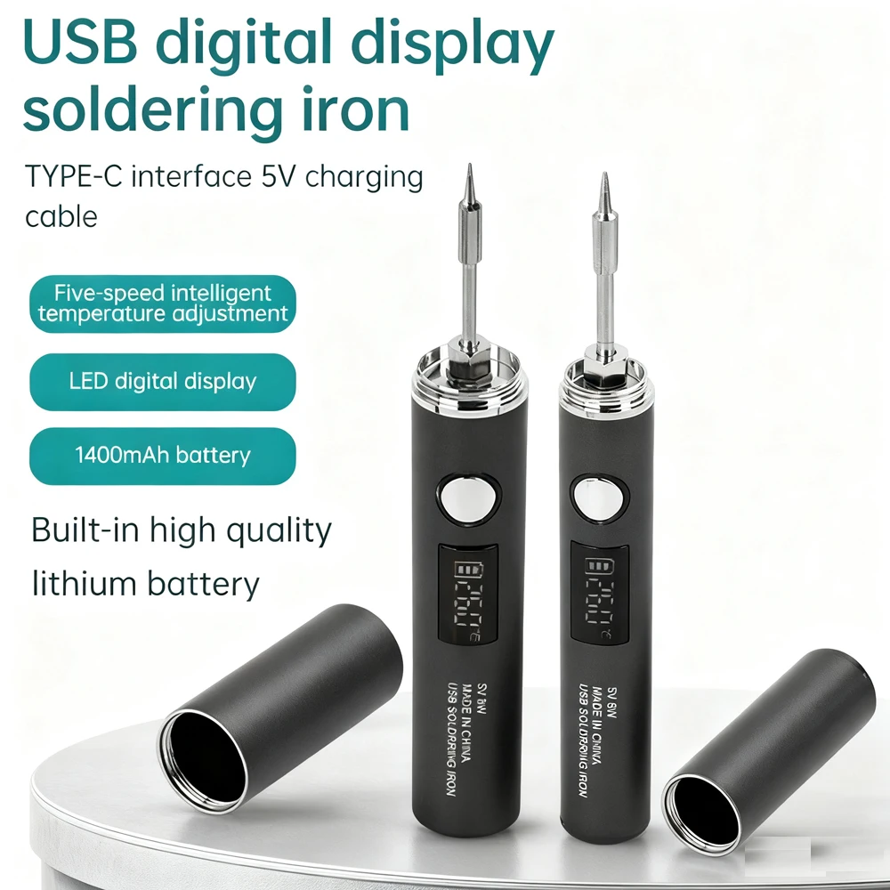 USB-Lötkolben, 5-Gang-Temperaturregelung, austauschbar, 510 Spitze Typ C, schnelle Erwärmung, 850/1400 mAh, tragbares Mini-Lötwerkzeug
