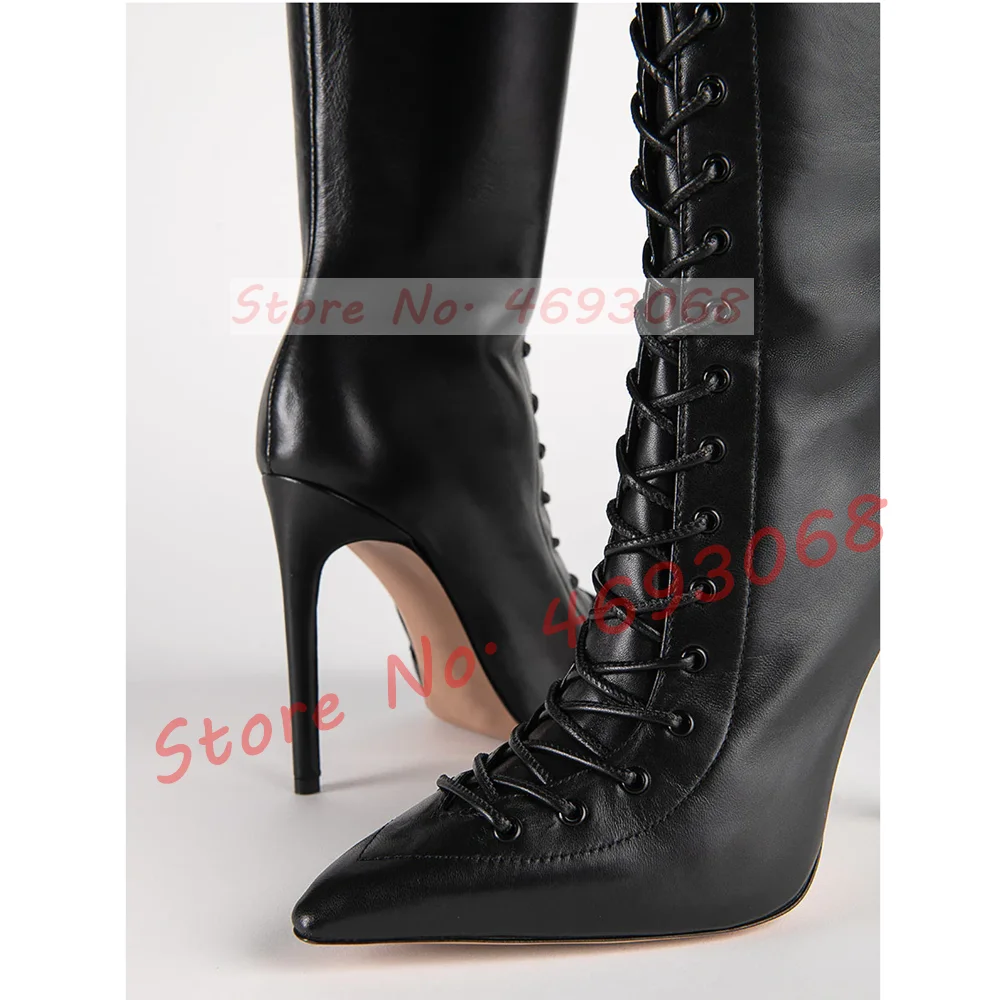 Black Front Cross Tied Over Knee Boots Women Sexy Pointy Toe Winter Haute Couture Shoes Female Matte Leather New Slim Tall Boots