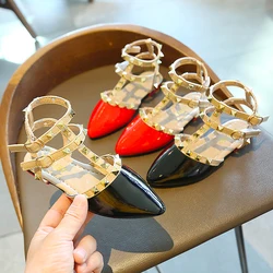 Little Girls Sandals with Rivet Roman Gladiator Party Shoes Fall Kid Glitter Gold Birthday Princess Flat Shoes New Fashion