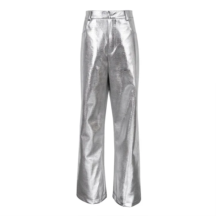 

New Silver Leather Pants with Fashionable Scale Pattern, High Waisted Long Straight Leg Pants for Women