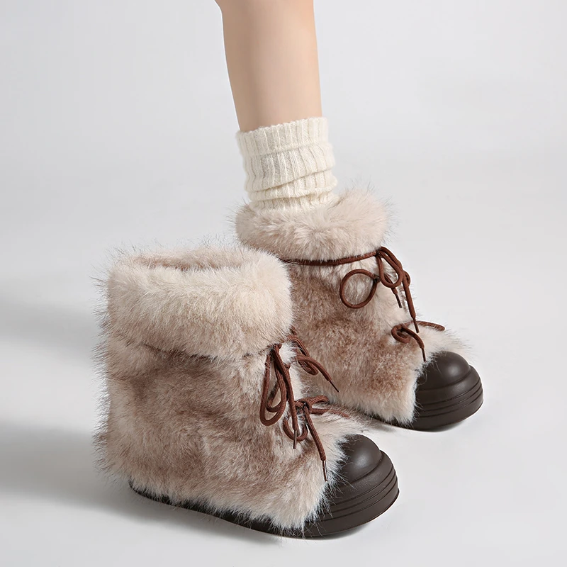 Winter Furry Lace Up Women Snow Boots Concise Height Increase Shoes Female Thick Sole Warm Cotton Short Booties Zapatos De Muje