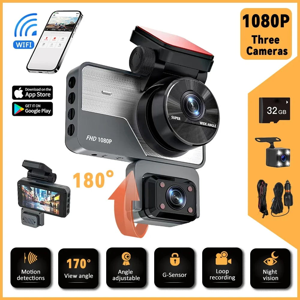 

3 Channel 180° Monitor Footage Car Dash Cam 24 Hour Night Vision Driving Recorder HD 1080P Cars Camera Built-in WIFI DVR Dashs