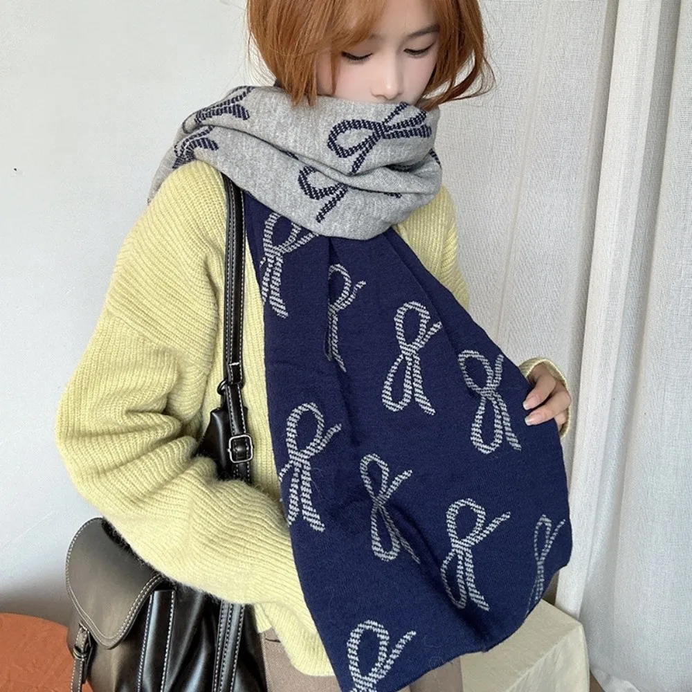 Bufanda con lazo ligera a la moda, bufanda de lana de imitación a prueba de viento de estilo coreano, chal cálido de invierno de dos caras Unisex