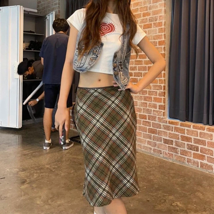 Elegant Dresses for Women 2024 Spring and Summer Skirts New Street Fashion Plaid High Waist Long Style Casual and Elegant