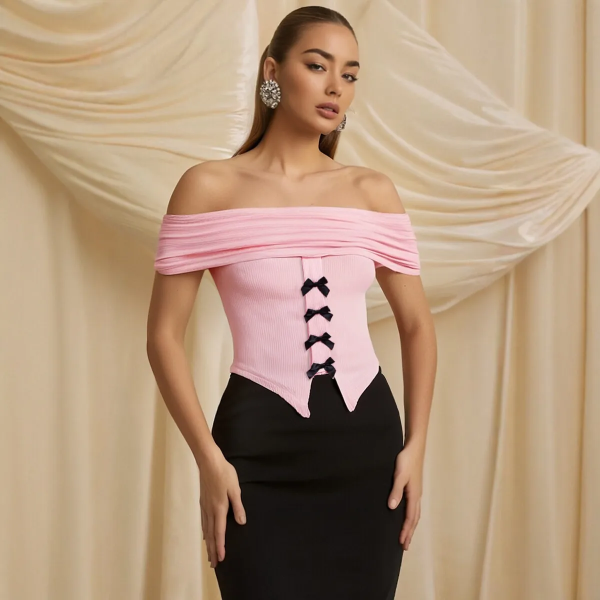 

Tanks Summer Cute Skinny Fit Folds Contrast Color Bowknot Short Sleeve Off Shoulder Dating Tanks For Women