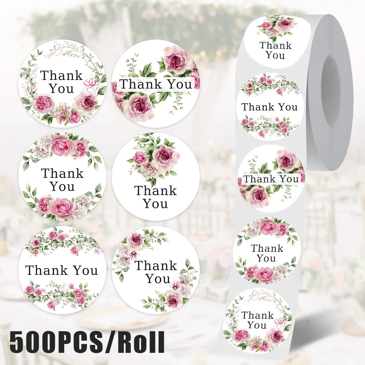 JCAC 500pcs/roll Thank You Stickers Waterproof and Oil-Resistant Labels Envelope Bags Floral Sealing Gift Box Stickers