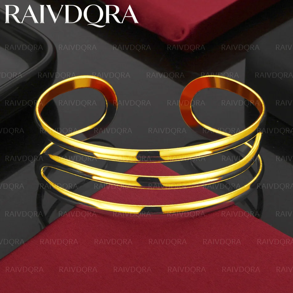 18K Gold Plated Three Line Cuff Bangle Bracelet For Women Men Fashion Wedding Engagement Party Jewelry Accessories