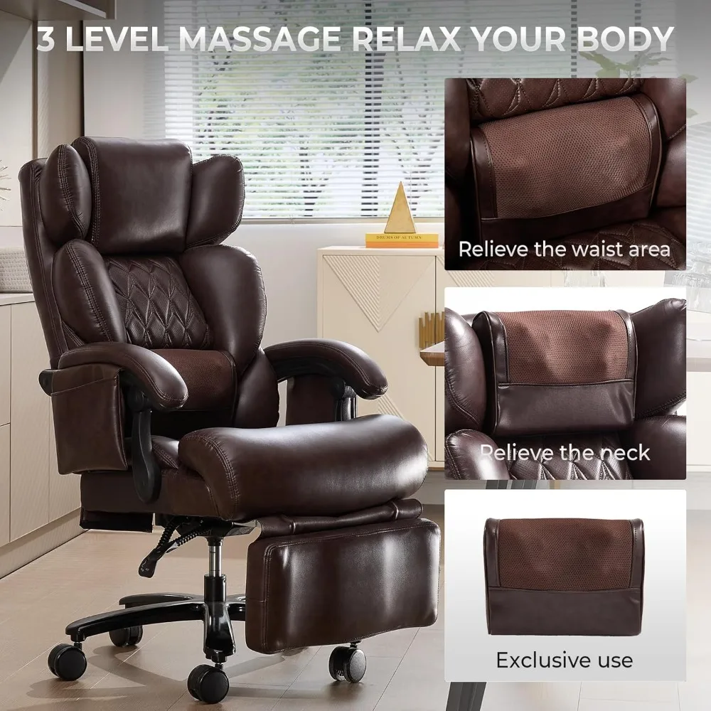 Kursi Kantor Pijat 3-in-1 dengan Sandaran Kaki 600LBS, Kursi Kantor Besar dan Tinggi dengan Pijat dan Pemanas untuk Orang Bertubuh Besar, Dapat Direbahkan