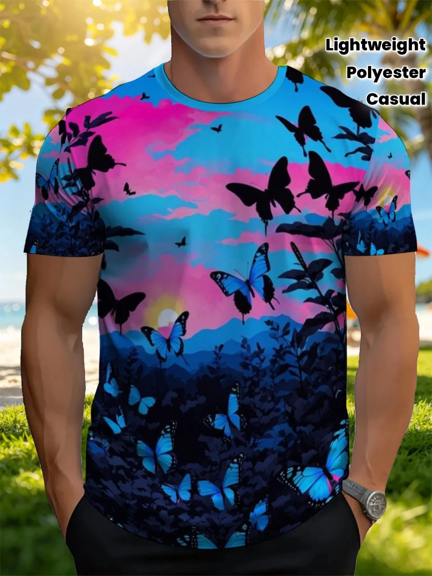 Men Pink Blue Sunset Mountain Blue Butterfly Silhouette Landscape Full Print Lightweight Polyester Casual Tee