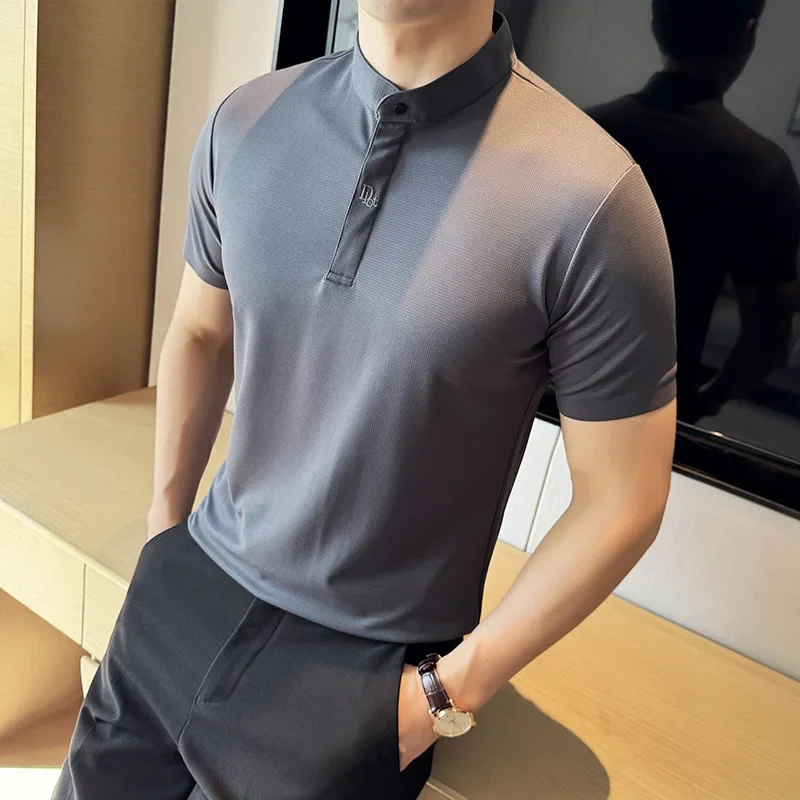 Men Polo Shirt, Chinese Standing Collar, 2024 Summer New Light and Thin Solid Color Casual Short Sleeved T-shirt, Men's Clothing