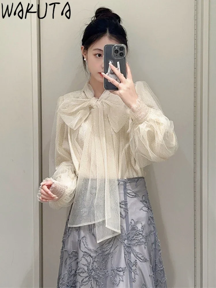 Wakuta Sweet Stand Collar Lantern Sleeve Solid Shirt Voile Sequin Elegant All-match Blouses Japan New Moda Early Spring Blusas