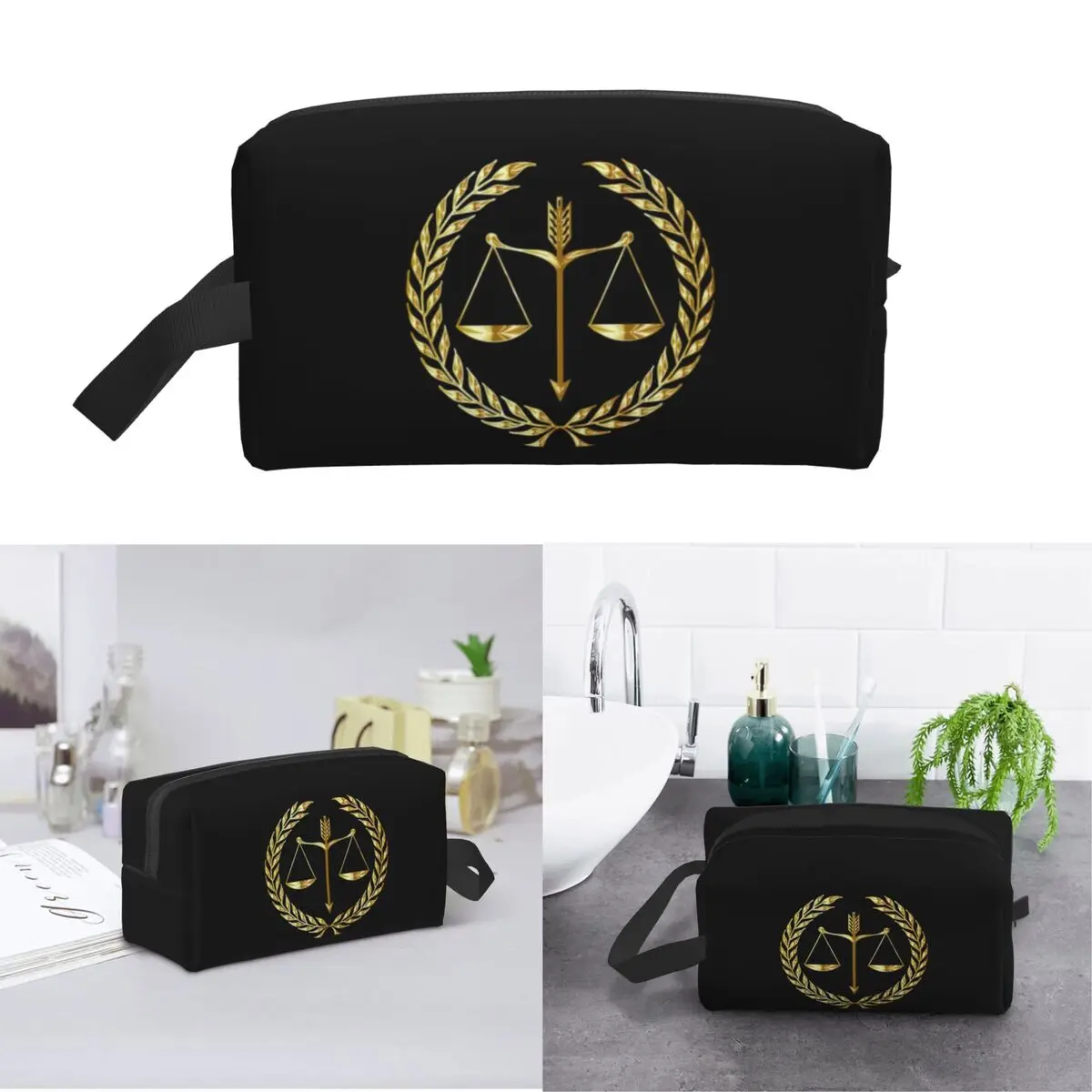 Gold Scales Of Justice Law Logo Makeup Bag Cosmetic Organizer Storage Dopp Kit Toiletry Cosmetic Bag for Women Beauty Travel