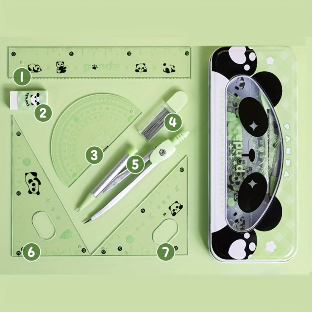 7 Pcs/Set Cartoon Panda Acrylic Rulers Multi-Function School Stationery Mathematical Drawing Tools for Students Iron Boxed