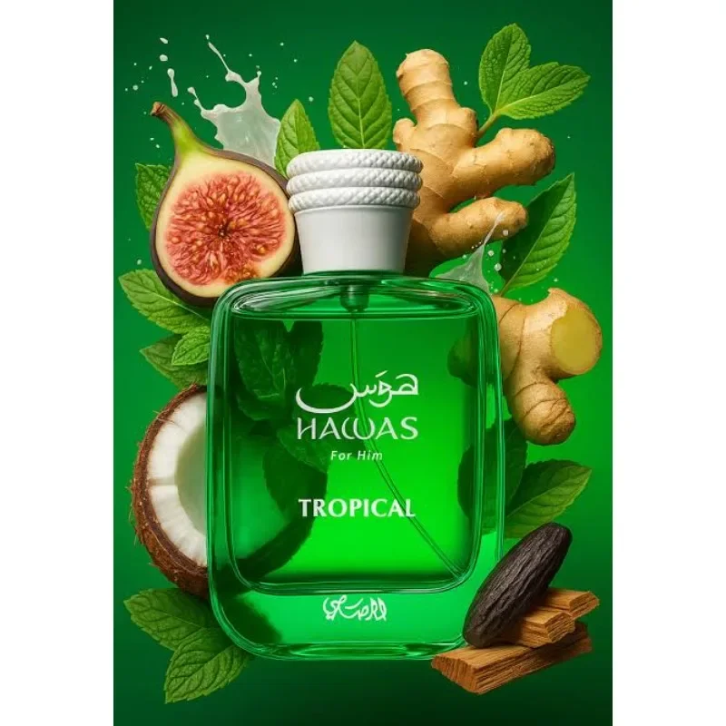 100 مل RASASI Hawas Tropical EDP Spray عطر عربي يدوم طويلاً للرجال ملاحظات علوية: أوراق التين ومياه جوز الهند والزنجبيل