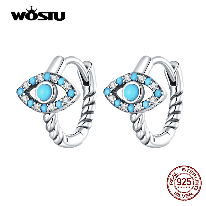 WOSTU Turquoise Demon Eye Hoop Earrings 100% 925 Sterling Silver CZ Circle Small Earrings For Women Anniversary Fashion Jewelry