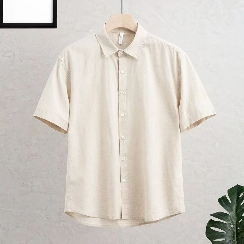 Lightweight Summer Men's Linen Shirt Short Sleeve Casual Versatile Sweat Absorbent Breathable Collar T-Shirt Comfortable Cott...