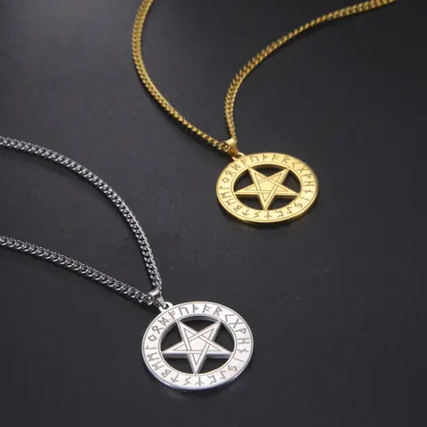 1pc  Supernatural Pentagram Runes Pagan Wiccan Pentacle Runes Talisman Pendant Necklace Stainless Steel Men Jewelry Gift