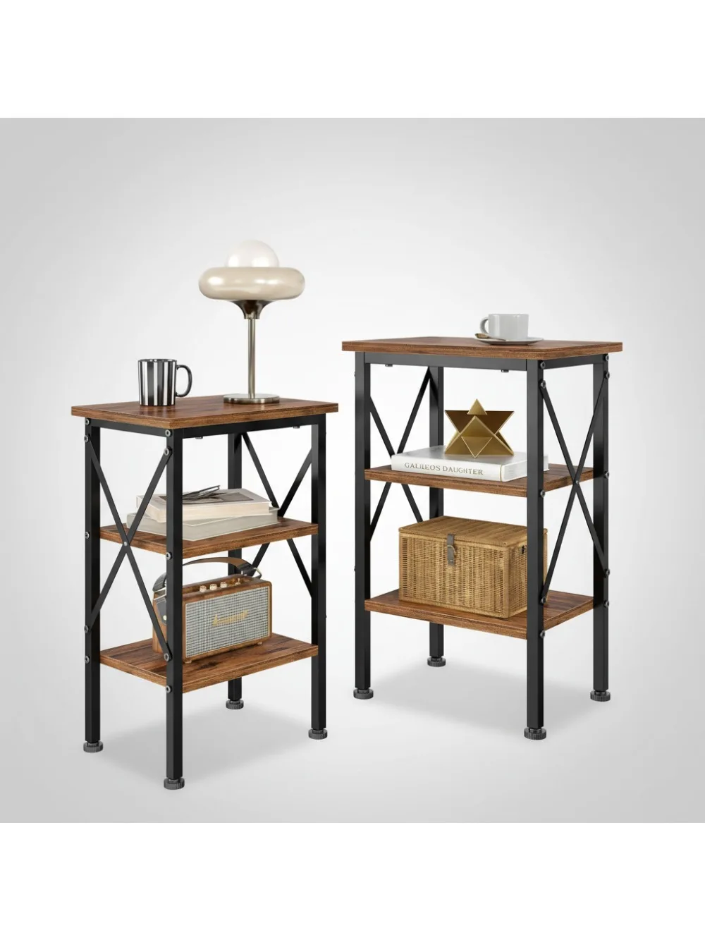 طقم طاولة نهاية بنية ريفية مكون من قطعتين، منضدة بتصميم X بطول 24 بوصة مع مساحة تخزين من 3 طبقات للمساحات الصغيرة وغرفة النوم وغرفة المعيشة