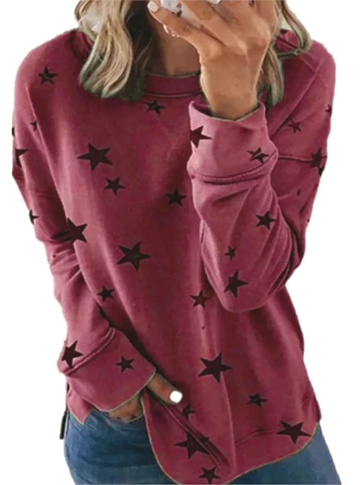 

T Shirt Women 2025 New Casual Autumn Spring Loose Star Print Long-sleeved Round NeckT-shirt Printed Sweatshirt Tshirt Clothing