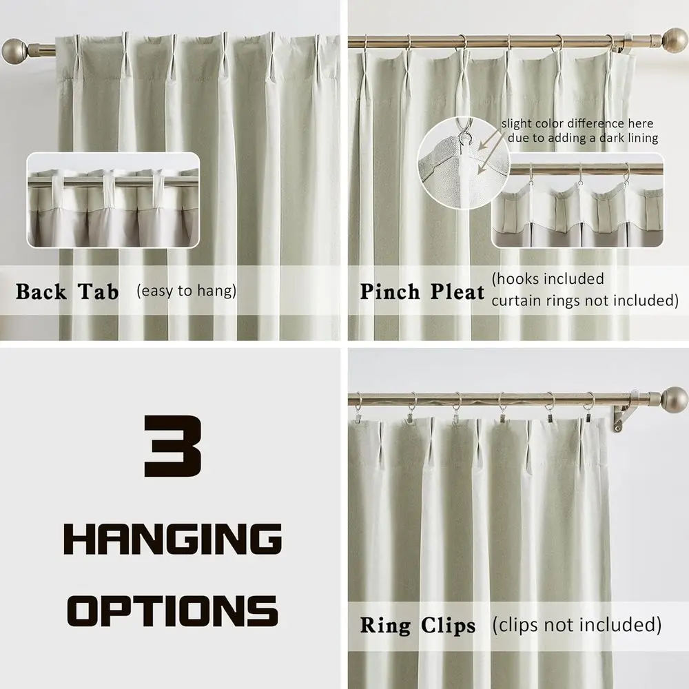 Volledig licht blokkerende linnen knijpplooigordijnen van 40 W x 102 l, van vloer tot plafond, paar met haken