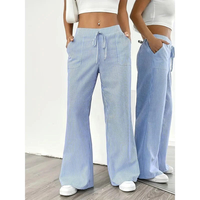 New Women's Casual Striped Blue Pocket Pants Fashionable Popular Sports Trousers for Ladies
