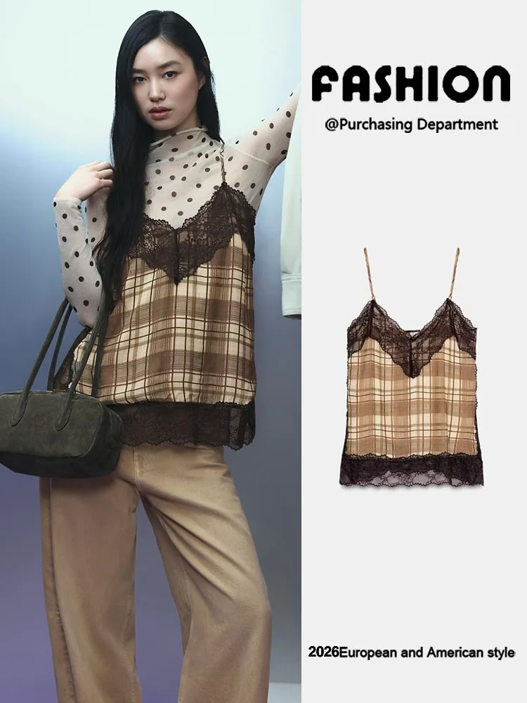 

New Summer Women's Faion V-ne Lace Trimmed Plaid Strap Top Versatile Ele Chinese Sle Stage Costume 3666060 330