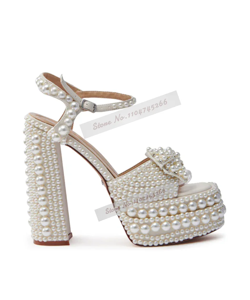 White Pearls Glossy Chunky Heel Sandals High Platform Jewelry Decorated Wedding Shoes String Beaded Chain Pumps