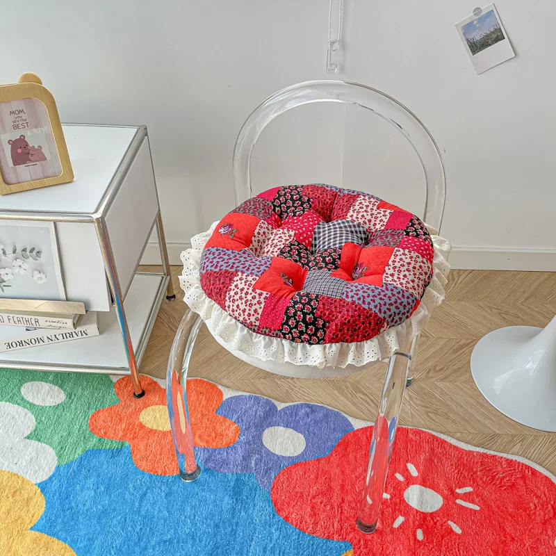 retro small floral rattan chair seat cushion cotton and linen lace round chair seat cushion tatami thickened futon cushion