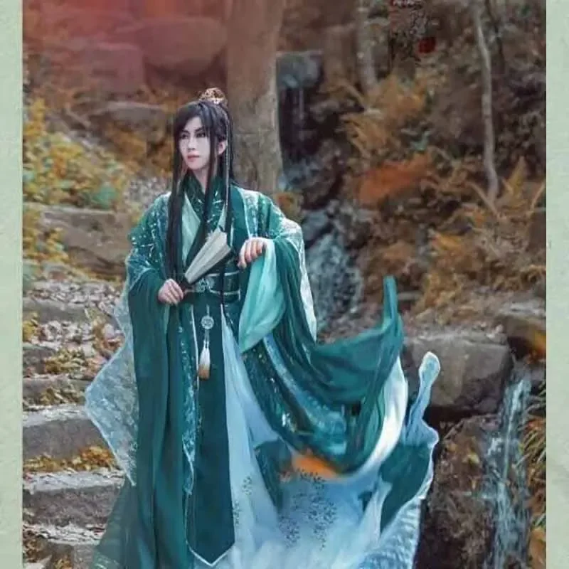 Disesuaikan kostum Cosplay bangsawan Halloween untuk pria kebesaran tradisional Cina Vintage Hanfu hijau set ukuran besar 5XL