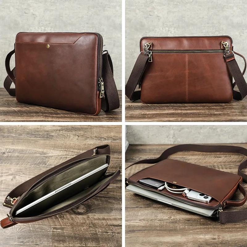 Premium Genuine Leather Crazy Horse Cowhide Laptop Shoulder Bag Men's Vintage Business Work Bags Crossbody Briefcase for Tablet