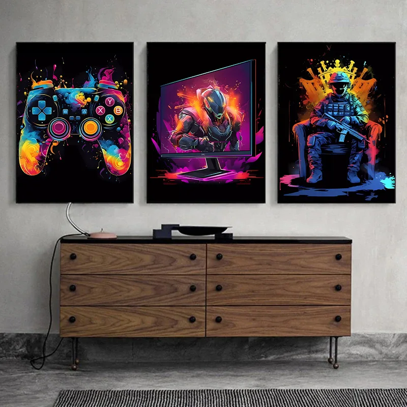 Neon Video Game Character Poster Prints Gamepad Headphones Football Basketball Canvas Printing Wall Art Decor Gaming Room Decor