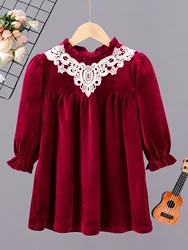 Chinese style children girls fall winter play lace lace collar velvet sweet cute foreign air horn long sleeve wine red dress