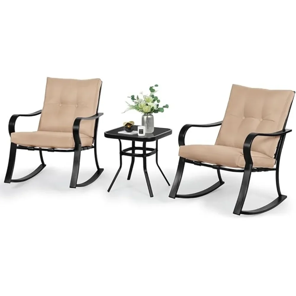 

Outdoor Rocking Chairs Bistro Set, Iron Patio Furniture with Gray Thickened Cushion & Glass-Top Coffee Table