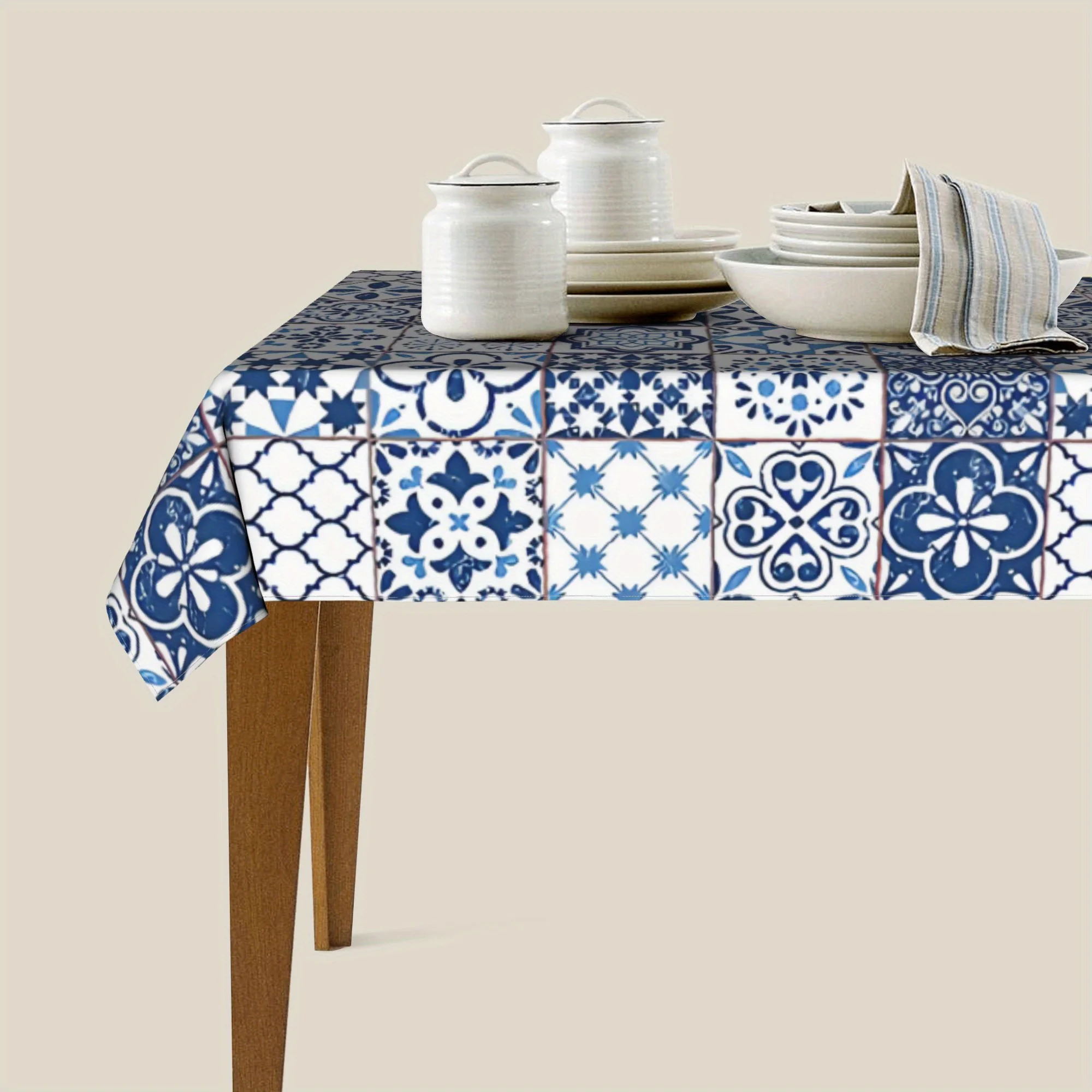 قطعة واحدة من غطاء طاولة Azulejos البرتغالية - طباعة زهور زرقاء وبيضاء، آلة - بوليستر، تصميم مستطيل لديكور المنزل