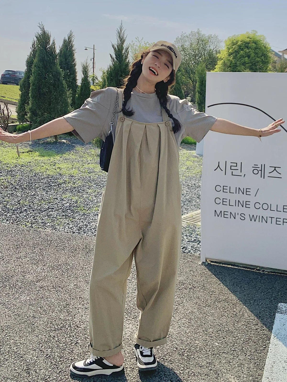 Macacão Feminino Estilo Street Trendy, Solto, Casual, de Cintura Alta, Calças Longas, Versão Coreana que Emagrece e Rejuvenesce