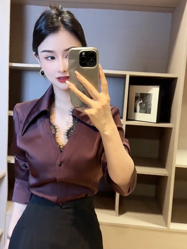 

Brand Women's irt Lace Splicing Silk Waist-Cinching V-ne Spring Slimming Top Korean Sle Straight Cut Long Sve