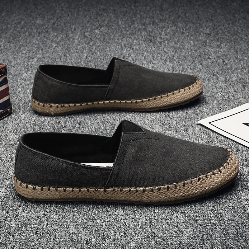 Men's Slip-On Canvas Shoes Breathable Lazy Summer Beijing Style Flat round Toe Casual Low Top Sneakers Simple Grass Weave