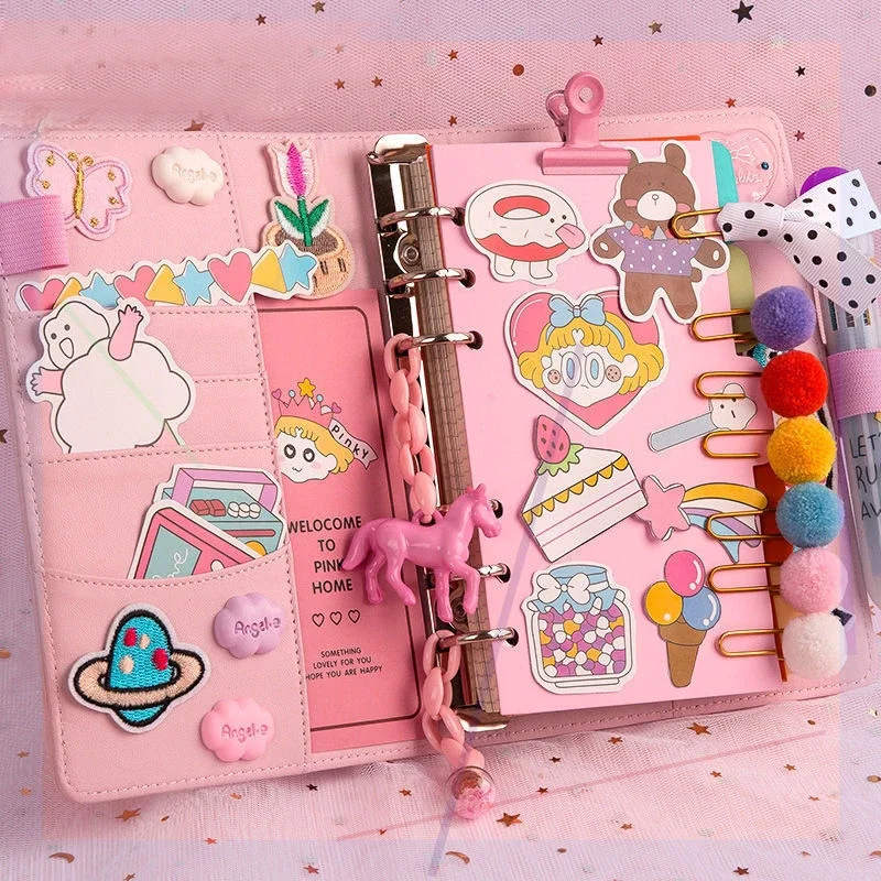 Color Paper Kawaii Notebook Journal Note Book Cute A6 Ring Planner Notepad Diary Grid Blank Student  Leather Notebook Binder