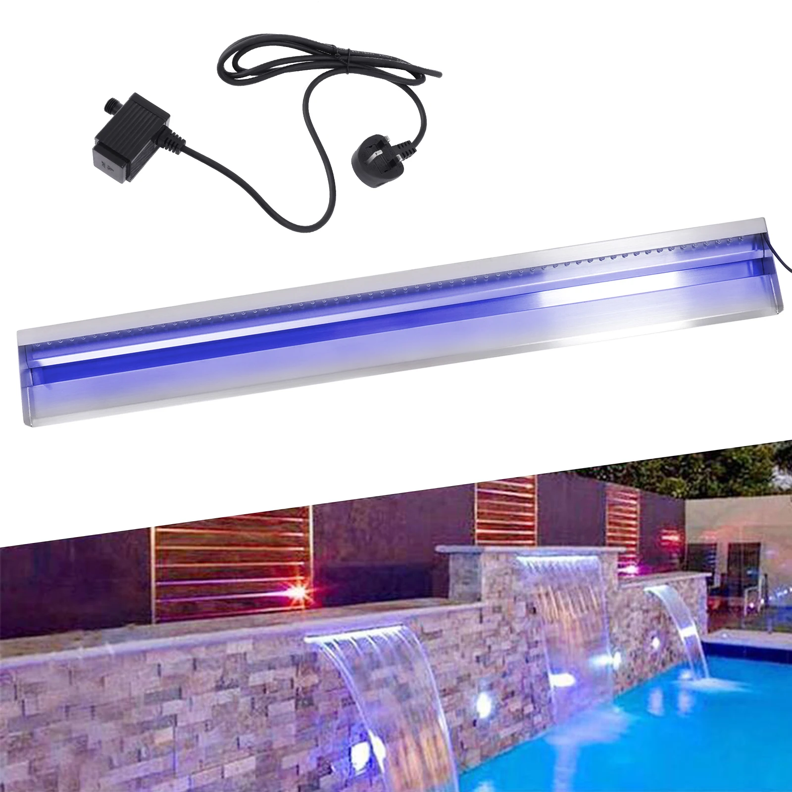 35.4" Pool Fountain Stainless Steel Pool Waterfall w/Blue Color LED Strip Light Waterfall Spillway Rectangular Garden Outdoor