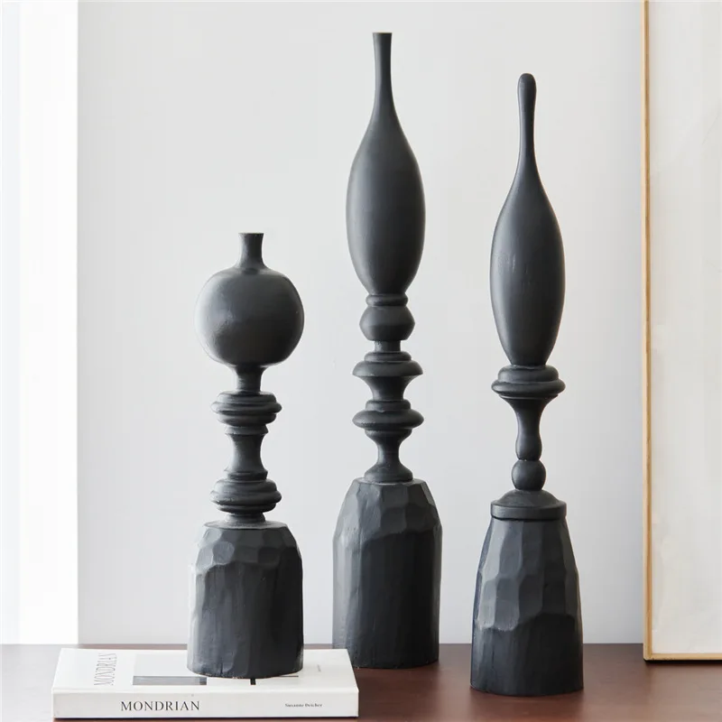 Modern minimalist creative abstract black mango wooden sculpture ornament, entrance model room hotel decoration
