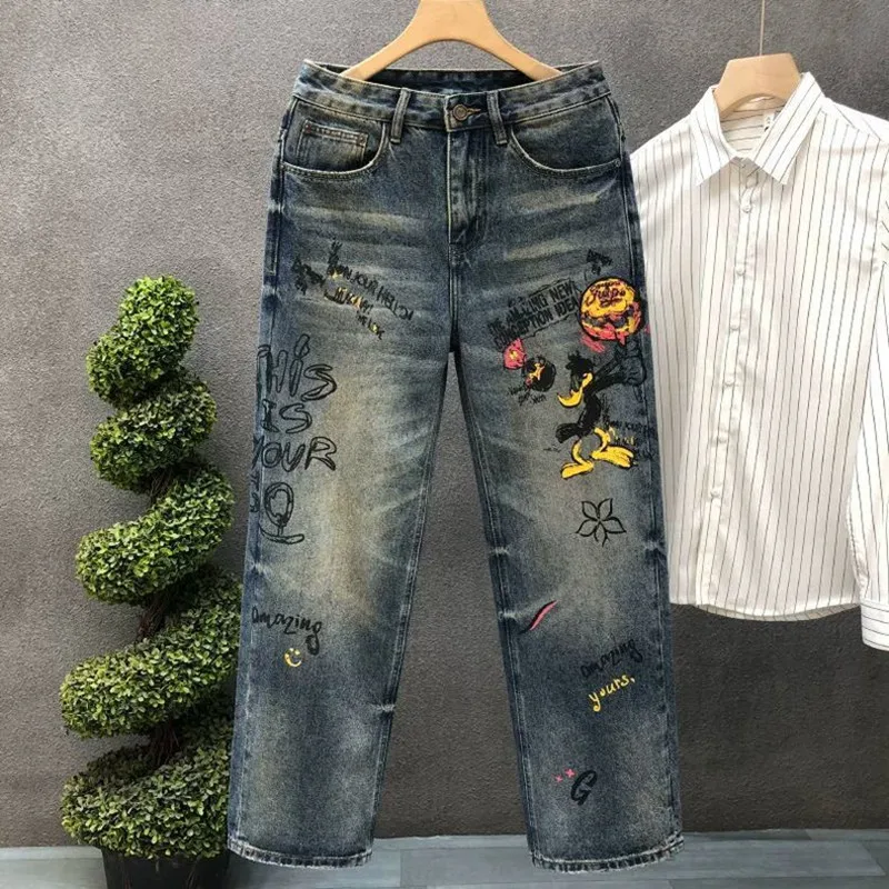 

Мужские джинсы из высококачественного денима: новая модная коллекция весна-осень, прямой крой, эластичные, с принтом, повседневные, свободные, в стиле ретро, спортивные.