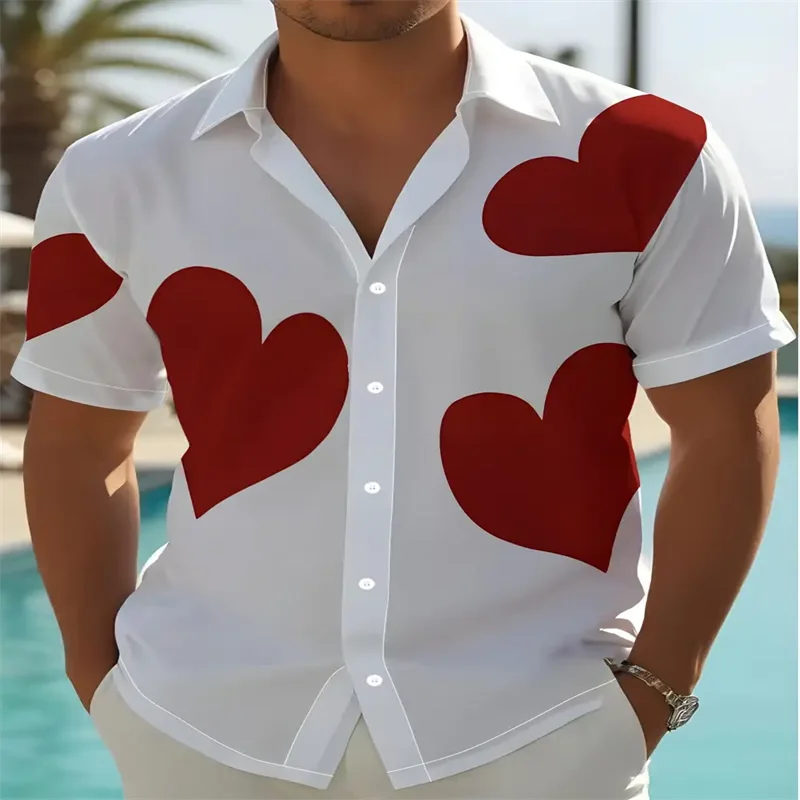 

Hawaiian men's casual short-sleeved shirt with heart-shaped pattern print lapel shirt suitable for daily beach outings