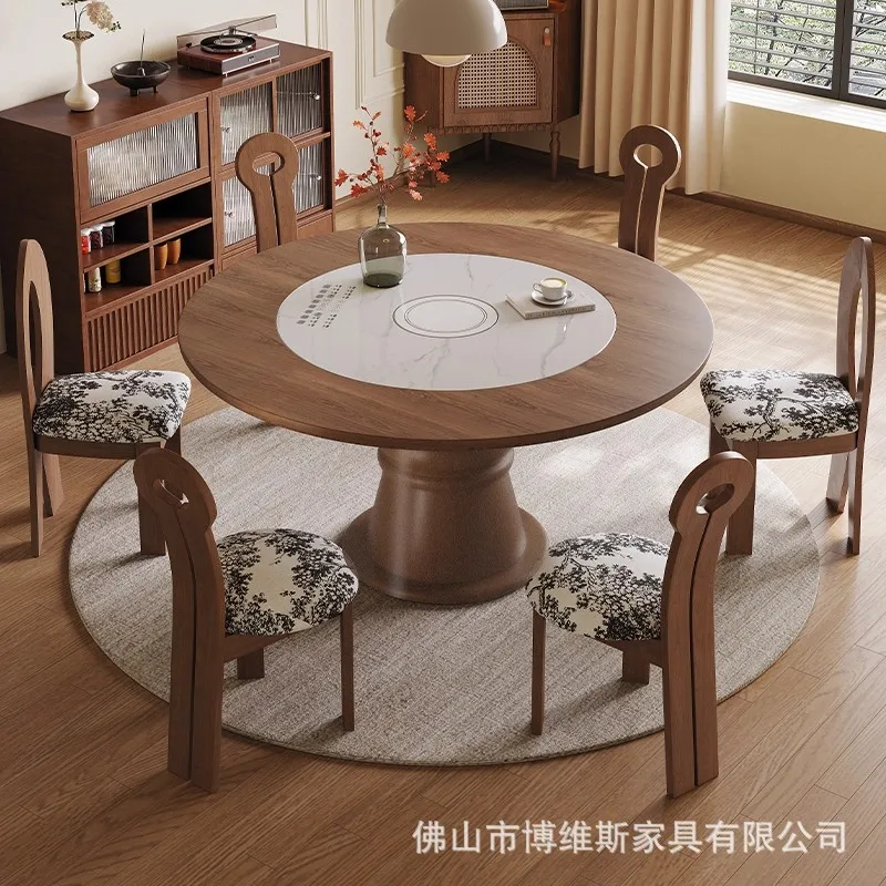 طاولة طعام مستديرة ذكية على طراز العصور الوسطى، طاولة طعام منزلية من الخشب الصلب #3