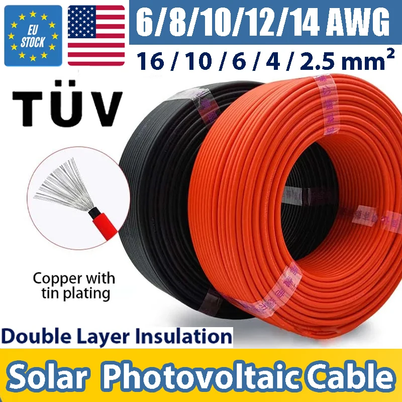 

Кабель солнечной энергии 4 6 10 16 мм2 Провод Фотоэлектрический 108V TUV Кабель 6 8 12 10AWG Для подключения фотоэлектрических панелей Красный Черный ПВХ Двухслойный