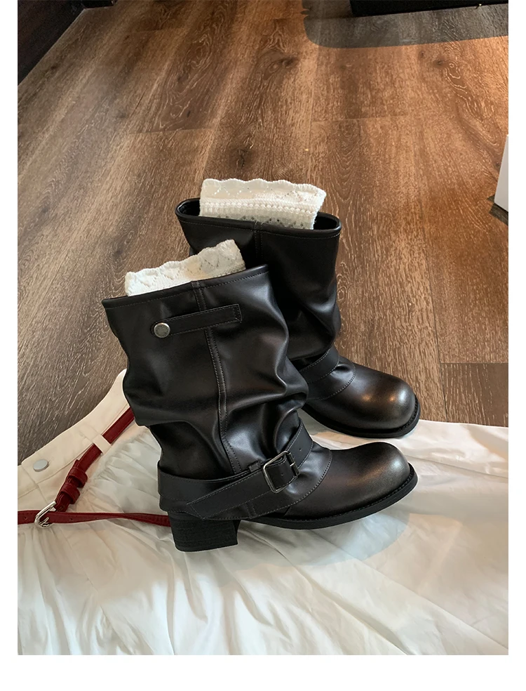 

Solid Thick Heels Women Shoes Round Head Buckle Strap Boots Fall Soft Leather Dress Mid-calf Botas Zapatos Mujer
