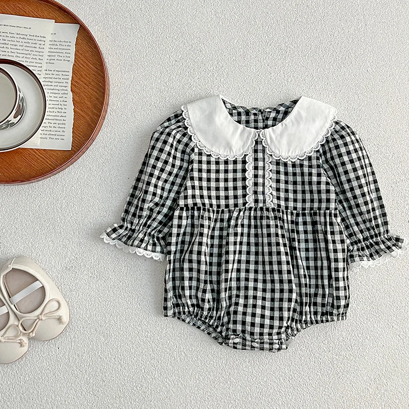 New Newborn Bodysuit Fashion Baby Romper Lace Peter Pan Collar Black White Grid Infant Girl Jumpsuit 0-2Yrs Baby Girls Clothing