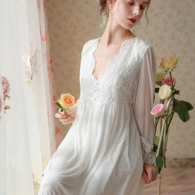 Vintage Autumn Mesh Night Dress Women Fairy V Neck Full Sleeve Nightgown Embroidery Long Nightdress Princess Sleepwear Nightwear